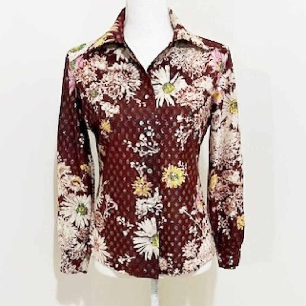 Vintage Jami Originals Burgundy Floral Long Sleeve Button-Up Blouse Size 10/30